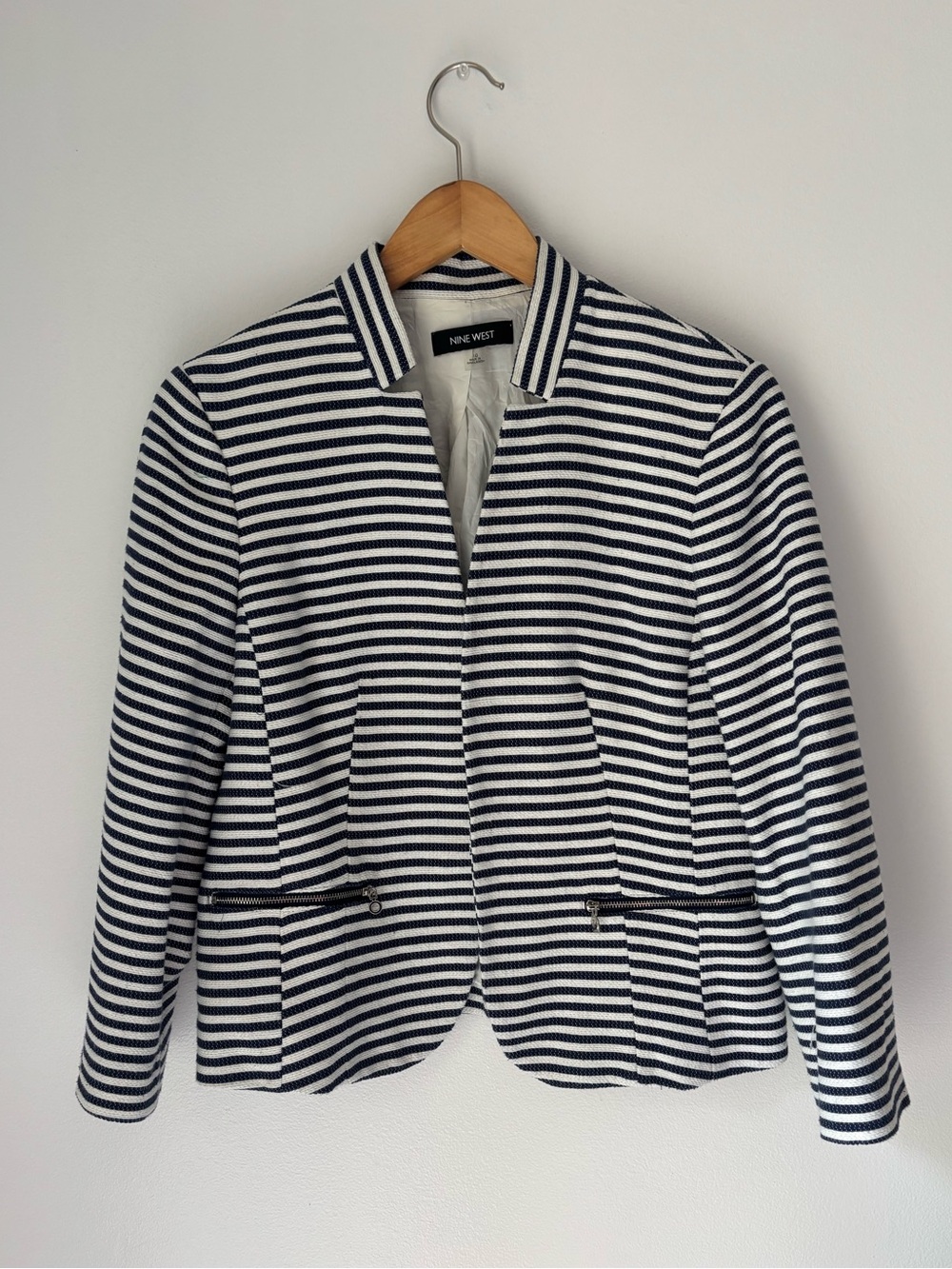 Nine West Navy and White Striped Zip-Pocket Blazer